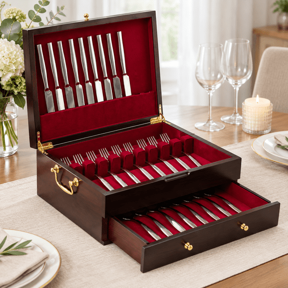 Wooden Flatware Storage Chest, Holds 12 or 16 Utensil Sets, Felt Lined with Handle