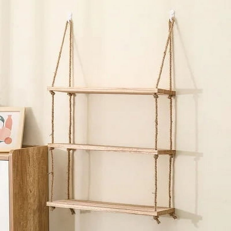 Wooden Floating Shelves for Wall Plant Flower Wood Swing Hanging Rope  Storage Home Living Room Decor 1/2/3-tier - Walmart.com