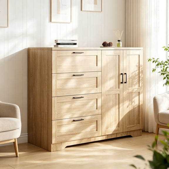 Wooden Floor Storage Wardrobe Built-In Hanging Rod Side Organizer 4 Drawers Double Enclosed Doors Household Bathroom Storage Cabinet