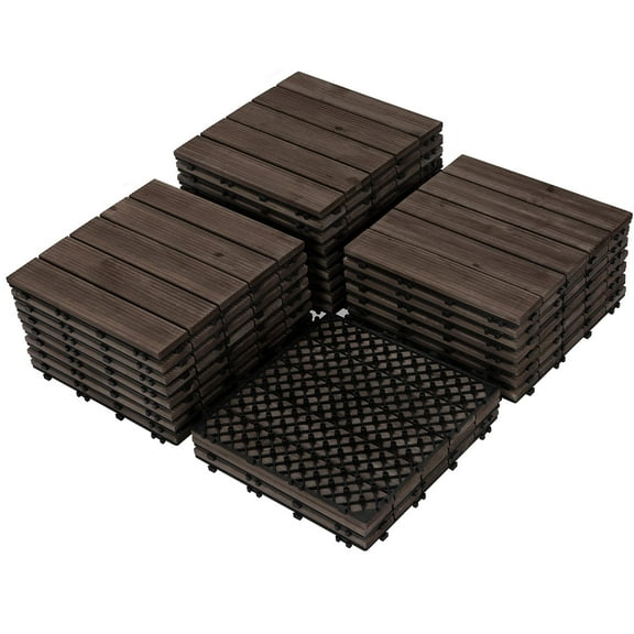 27PCS Solid Wood Deck Tiles Interlocking, Fir Wood Flooring for Garden Patio Gazebo, Indoor Outdoor Installation, 12x12in Dark Brown