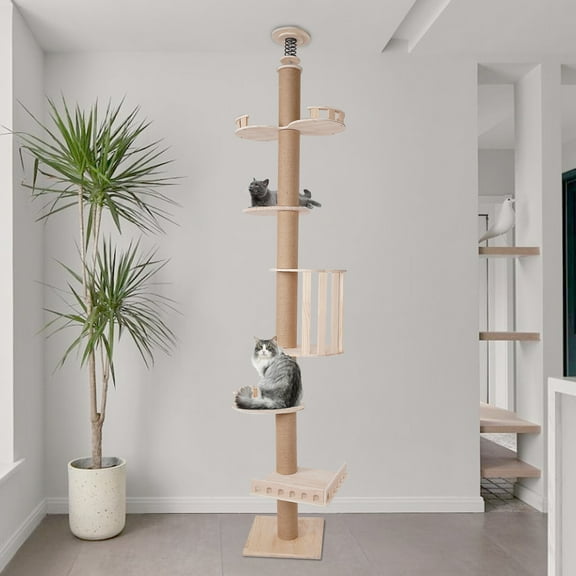 Wooden Floor to Ceiling Cat Tree Tower Natural Sisal Rope Scratching Post