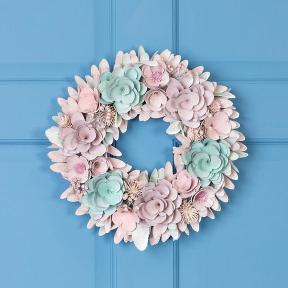 Northlight Wooden Floral Artificial Spring Wreath with Thistles  - 13.5" - Pink and Blue