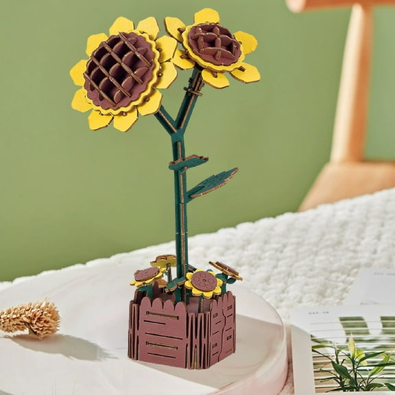 Wooden Flower Building Blocks Puzzle Set | Eternal Floral 3D Model DIY Decor | Vintage Multicolor Lilies Roses Sunflowers Daisies | Sturdy Eco-Friendly Wood | 24.4x16.5cm