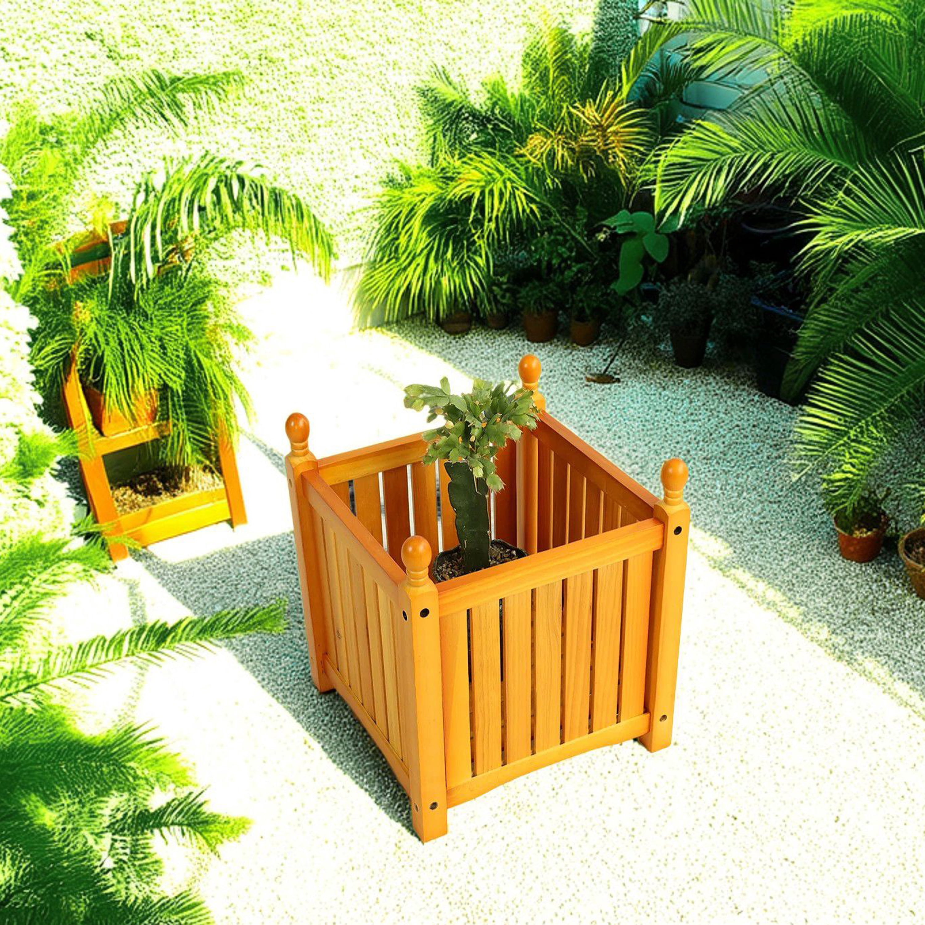 Wooden Flower Planter Box, Square Outdoor Plant Container for Garden Porch Patio Decoration, Teak