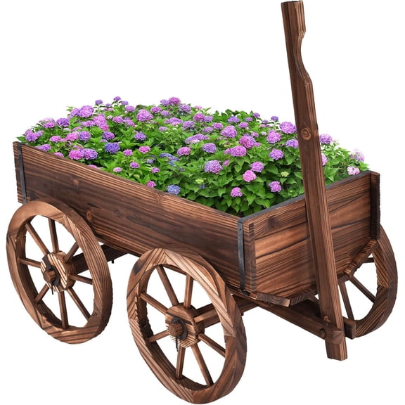 Wooden Flower Planter Wagon, Rolling Pot Stand for Outdoor Garden Decor