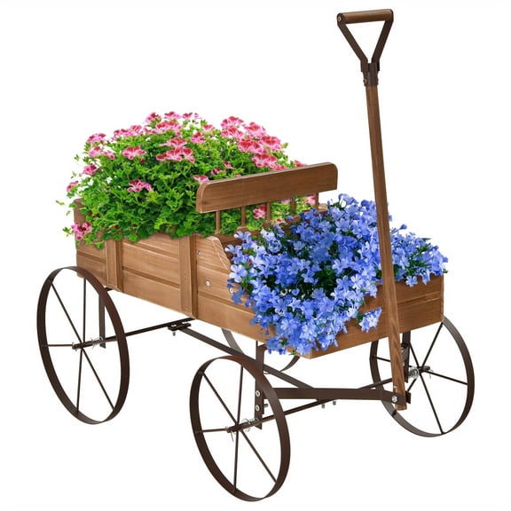 Wooden Flower Trolley with 4 Wheels - Mobile Planting Stand, 33lb Capacity, for Garden, Balcony, Terrace - Brown/Green/Red/Blue/Gray