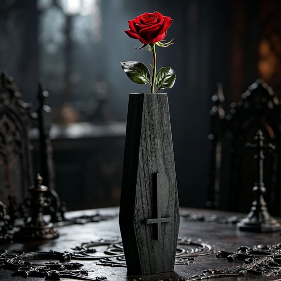 Wooden Flower Vase Coffin Shaped Embossed Cross Tabletop Decorative Vase Gothic Dark Style Floral Vase for Bedroom Living Room Bar Halloween Home Single Stem Display