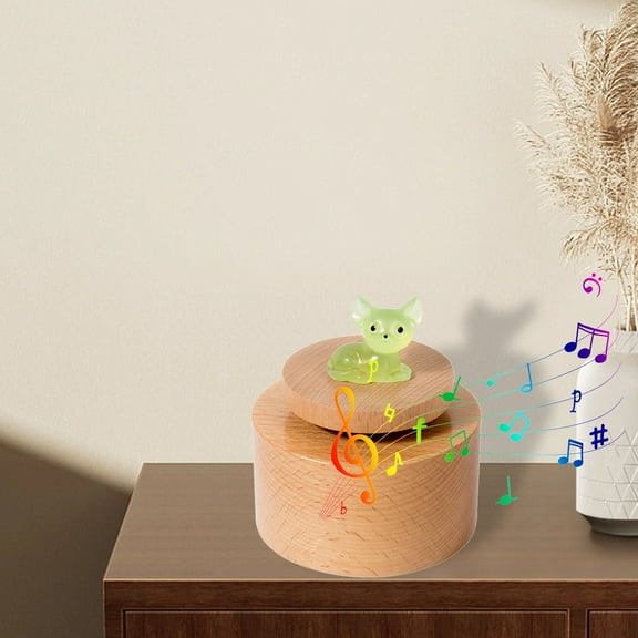Wooden Fluorescent Music Box with Rotating Glow in The Dark Kitty Figurine & Soothing Melody, Portable Handmade Musical Jewelry Gift Box for Home Decor