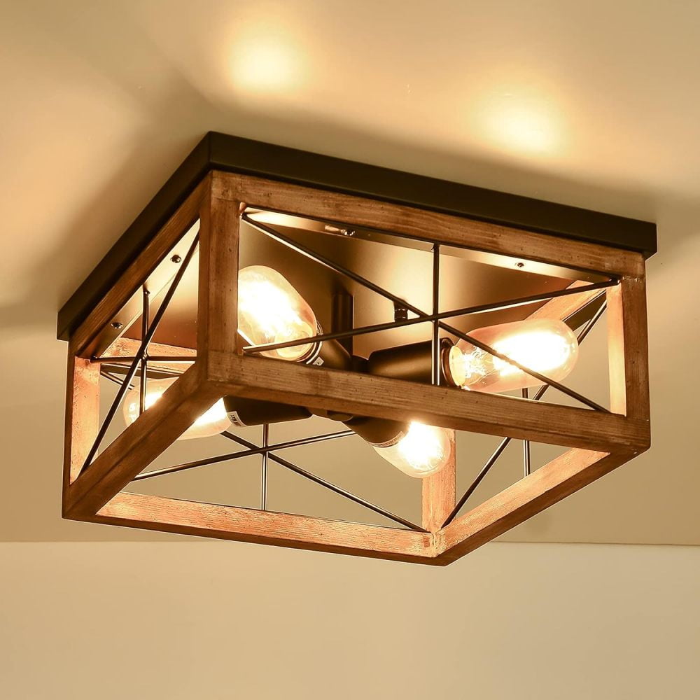 Farmhouse Black and Wood 4-Light Flush Mount Ceiling Fixture
