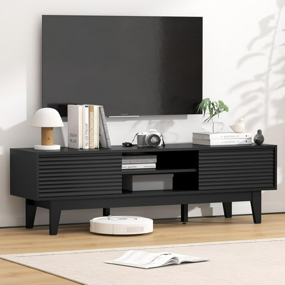 Wooden Fluted TV Stand for 55 65 70 inch TV, Long & Large TV Media Console Table with Storage Cabinets, Boho Farmhouse Entertainment Center for Living Room, Bedroom - Black
