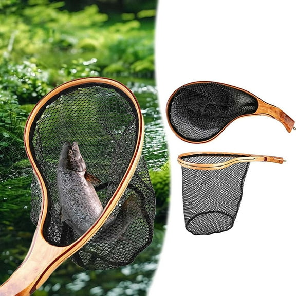 Wooden Fly Fishing Landing Net with Rubber Ghost Mesh - Easy Release Trout Net, Catch & Release Friendly Fishing Net with Lightweight Wood Handle, Rubber-Coated Mesh for Minnow & Bass