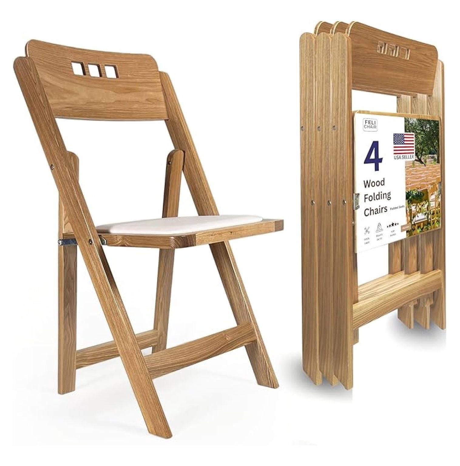 Wooden Folding Chair with Padded Seat, Stackable Seats for Indoor ...