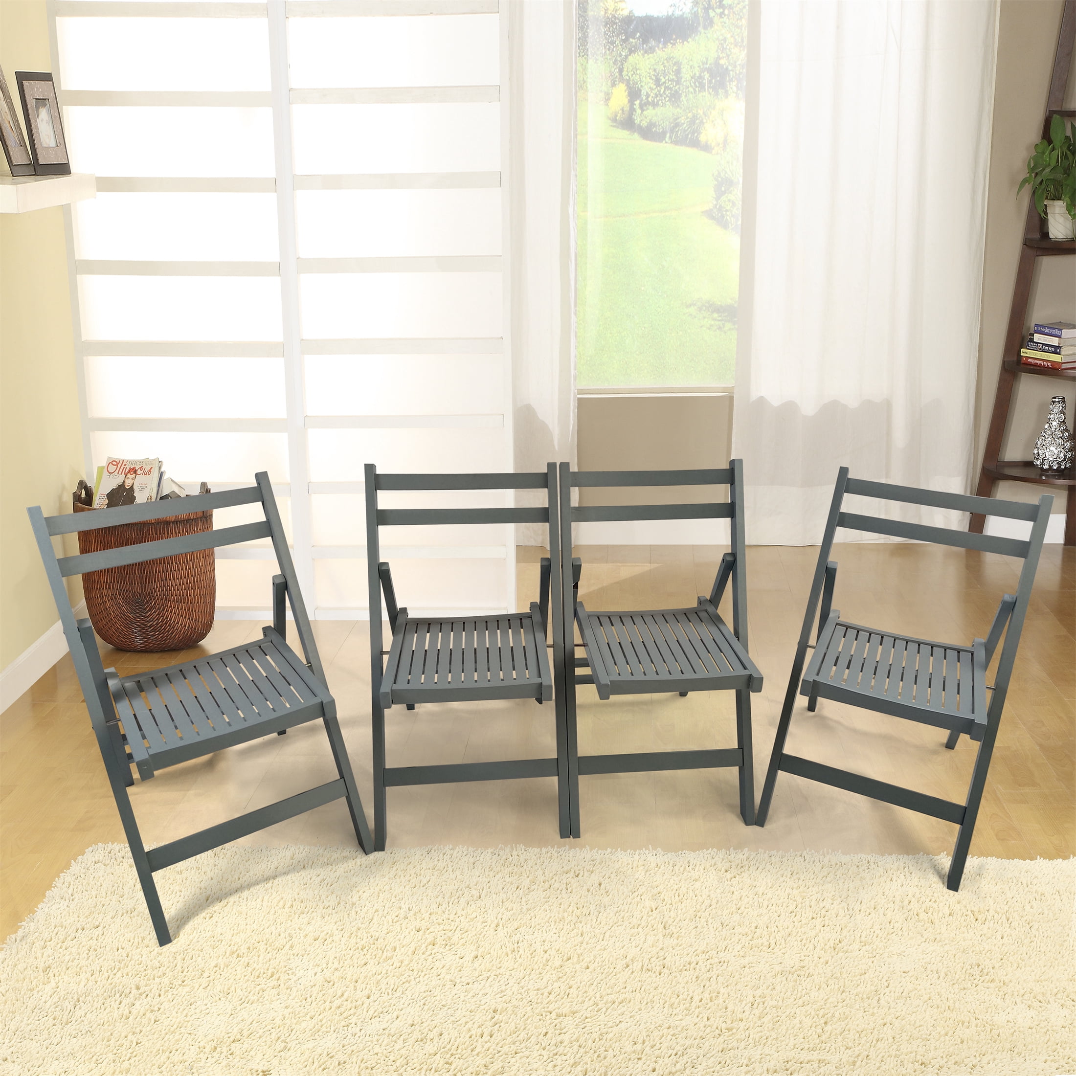 Wooden Folding Dining Chair, 4 Pack Slatted Wood Event Chair Indoor Outdoor Patio Use, Gray
