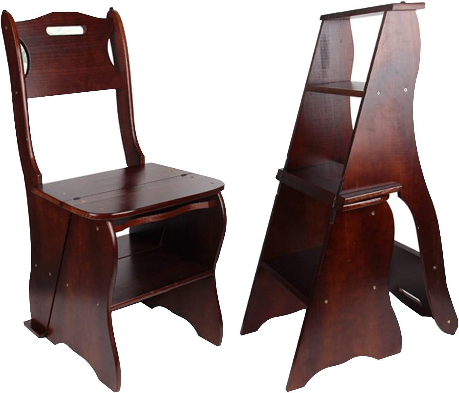 Library Ladder Chair QLJJSD, Wooden Folding Library Ladder Chair, 4-Step Stool, Brown ...