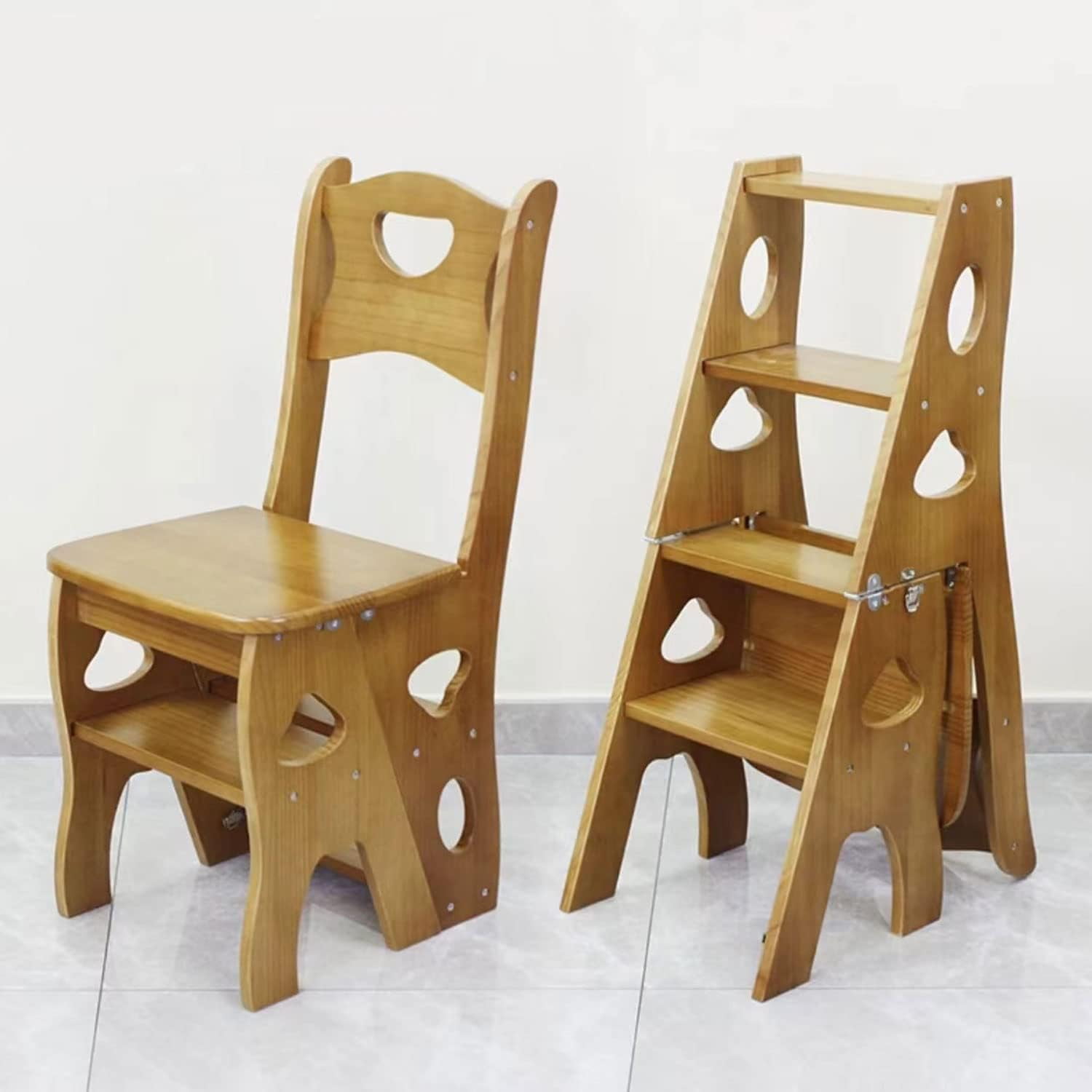 Wooden Folding Library Ladder Chair, 4-Storey Portable Multi-Function ...