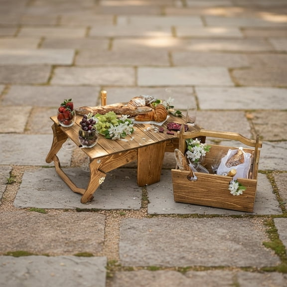 Wooden Folding Picnic Table with Storage Basket - 2-in-1 Portable Outdoor Table with Wine Glass Holder, Ideal for Champagne, Snacks and Beach or Park Picnics (Vintage)