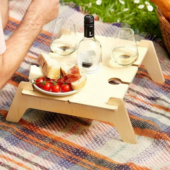Wooden Folding Picnic Table with Glass Holder Round Foldable Desk Wine Glass Rack Table Snack Tray for Partys