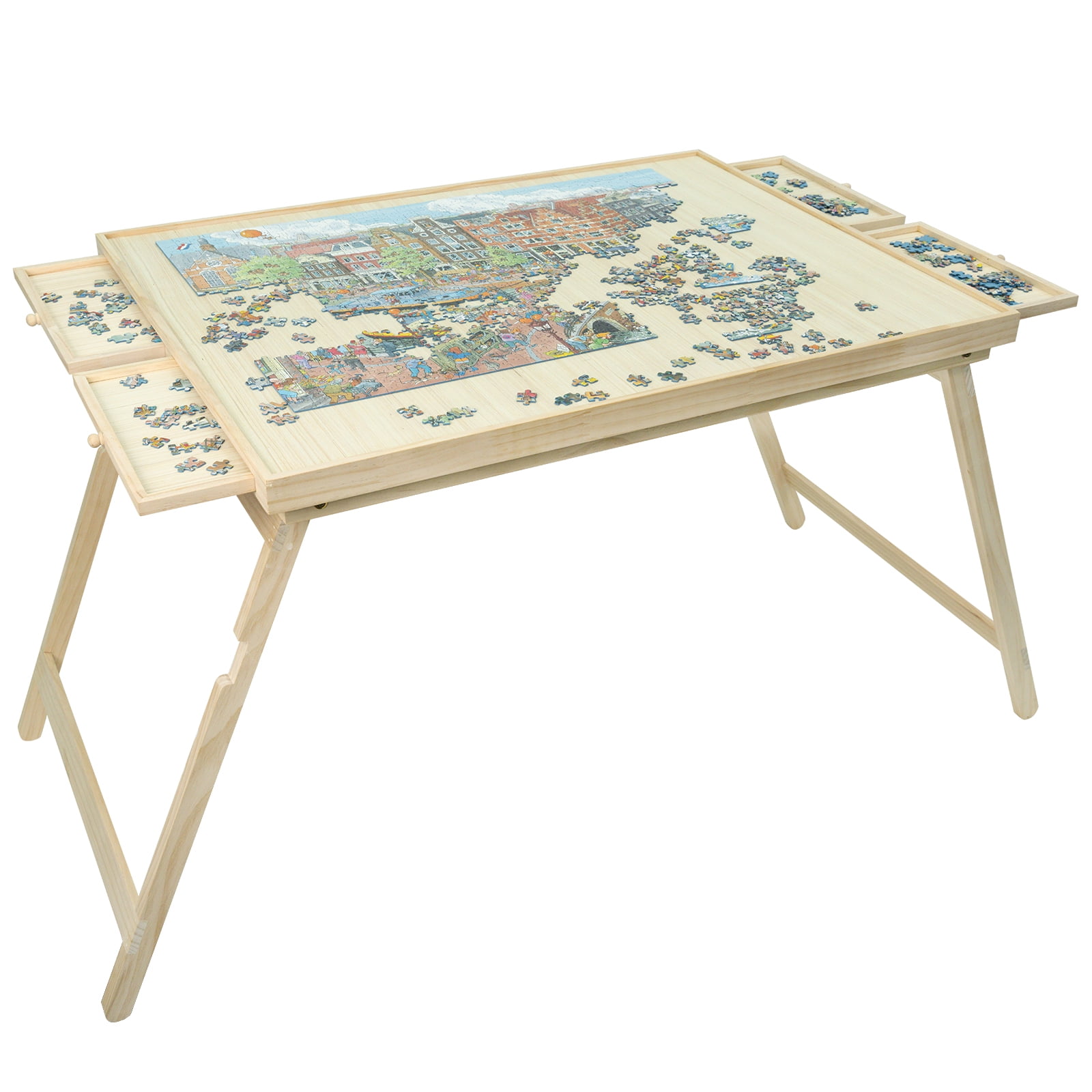 Wooden Folding Puzzle Table With 4 Sliding Drawers and Covers, 1500