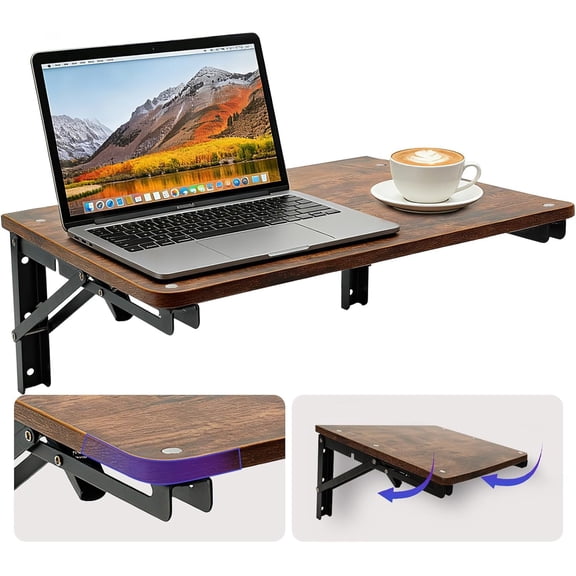 Wooden Folding Shelf Wall Mounted for Small Space, Wall Table for Living Room Bedroom Decor, Home Office Floating Fold Down Desk, Media Shelves with Heavy-Duty Brackets Holds Up to 30lbs, 16.5"*11.8"