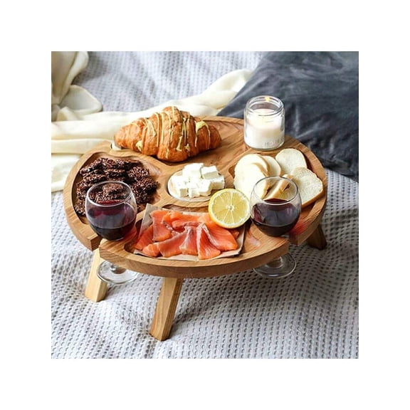 Wooden Folding Tray Table, 11.8in Round Solid Wood Picnic Table for Wine and Snacks, Portable Small Outdoor Side Table for Camping, Beach Barbecues, Patio, and Parties, 1pc