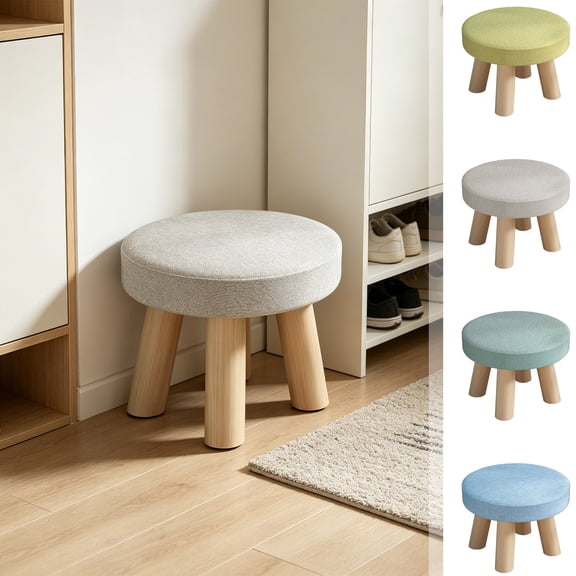 Wooden Foot Stool with Padded Seat | Round Step Stool for Adults | Small Side Table or Ottoman for Living Room, Bedroom, Hallway | Compact Portable Stool for Extra Seating and Decor