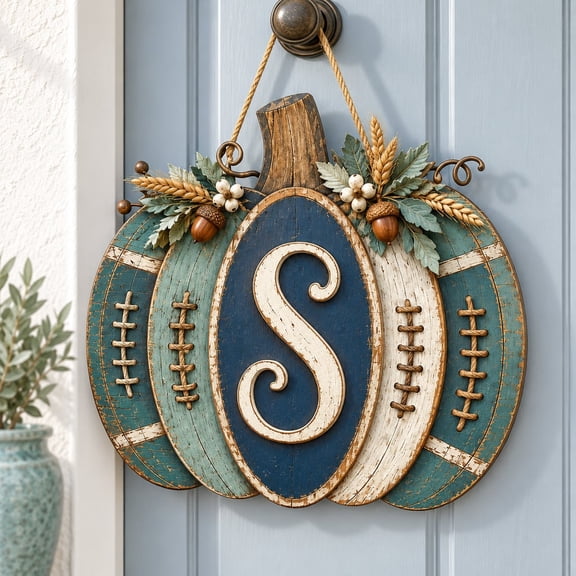 Wooden Football Pumpkin Door Hanger Rustic Monogram Decor for Porch