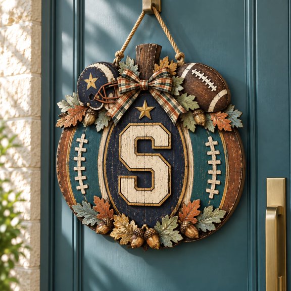 Wooden Football Pumpkin Door Hanger Rustic Monogram Porch Decor