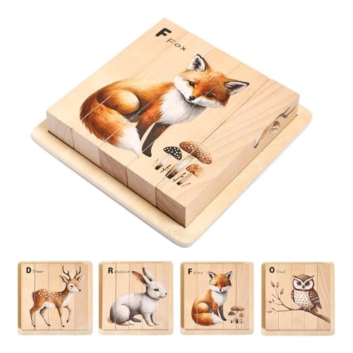 Wooden Forest Animal Puzzles Toy for Toddlers 1-3, 4-in-1 Montessori Toys Learning Educational Chunky Puzzle for 2-4 Years Old, Baby Boys Girls Gifts