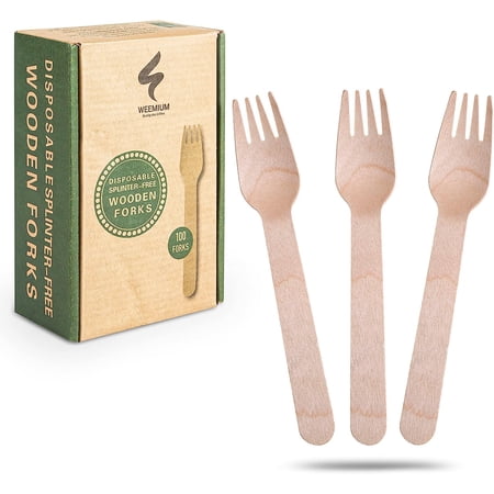 Weemium Wooden Forks Disposable - 100 Splinter-free 6.5" Compostable – Biodegradable and Eco friendly Utensils for Outdoors Parties