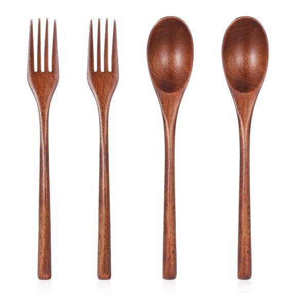 Wooden Forks and Spoons Set 4-Piece Reusable Kitchen Cutlery Natural Wood Flatware Tableware