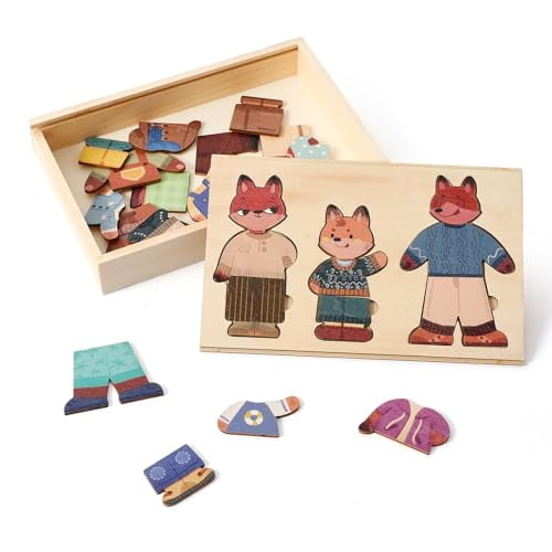 Wooden Fox Family Dress up Puzzle for Toddlers 1-3, Animal Puzzle Toy Sorting & Matching with Storage Case, Learning Educational Montessori Toy Gifts for Kids Boys Girls for 2-4 Years Old