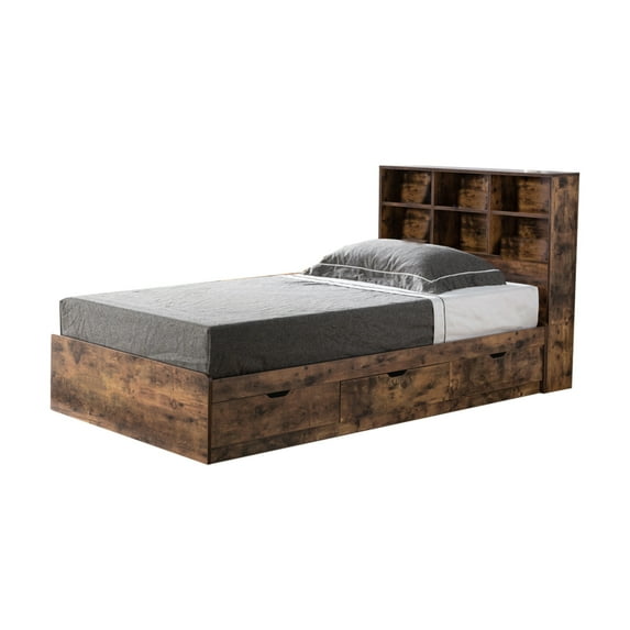Wooden Frame 3 Drawers Full Size Chest Bed, Distressed Brown- Saltoro Sherpi