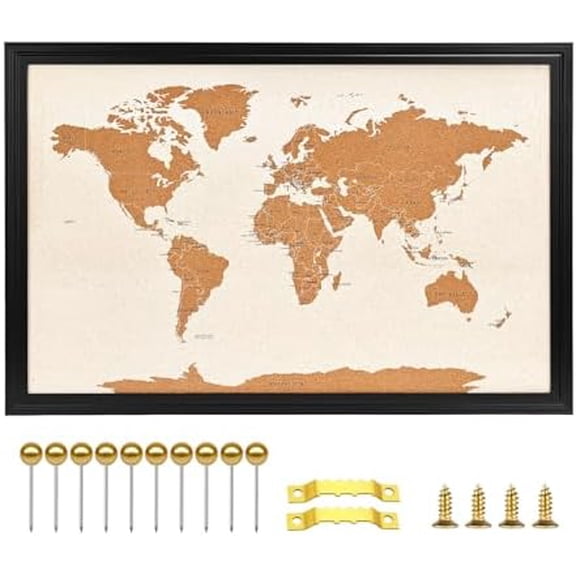Wooden Frame Cork Board Map of World, 20" X 30" Bulletin Boards for Walls with 10 Pins, Travel Tracker Map for Office, School and Home (WD-MAP,5075,D)$$Office