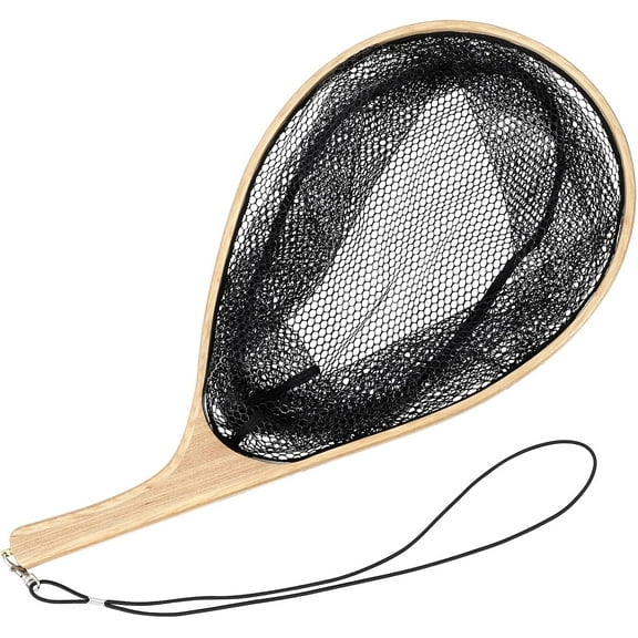 Wooden Frame Fly Fishing Net, Rubber Coated Fishing Net with Curved Handle, Lightweight & Portable Fish Landing Net, Trout Fishing Net, Catch and Release Fishing Accessories Freshwater Saltwater