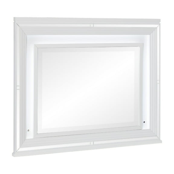 Benjara Wooden Frame Mirror with LED and Mirror Trim Accents, White