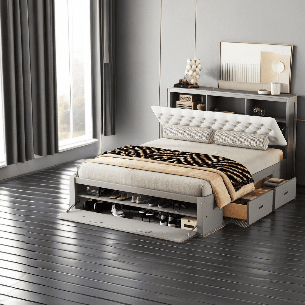 Wooden Frame Queen Size with Upholstered Storage Headboard, 4 Drawers ...