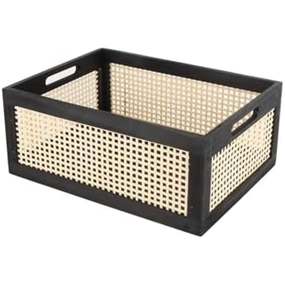 Wooden Frame Storage Basket, Decorative Organizer Crates Box with Built-in Handle,Natural Wire Wood Nesting Drawer Storage for Kitchen, Bathroom and Office Desktop-(15" Lx11 Wx6.3 H-Black)