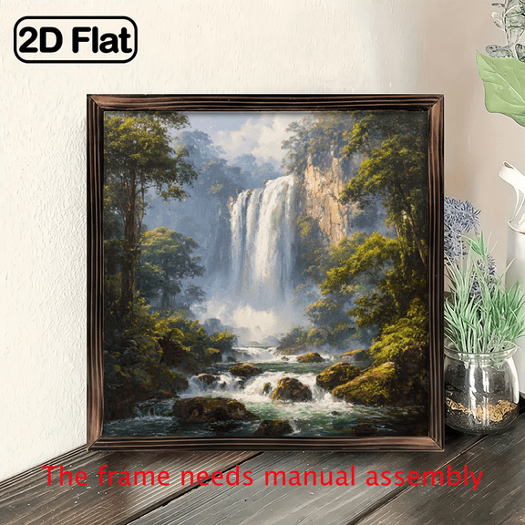 Wooden Frame Wall Art - Serene Waterfall Forest Scene with Cascading Waterfalls, Vibrant Green Foliage Rocky Terrain, Modern Canvas Print for Living Room.wooden board painting