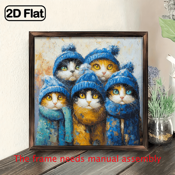 Wooden Framed Canvas Painting Adorable Cats in Blue Hats Wall Art For Bedroom Living Room Home Decor Cute Animal Canvas Print Poster Picture With Framed Ready to Hang Gift