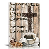 Wooden Framed Canvas Painting Christian Coffee Canvas Poster Coffee Bean Cross Pictures Painting for Home Office Bathroom Living Room Decor Rustic Kitchen Christ Coffee Inspirational Wall Art