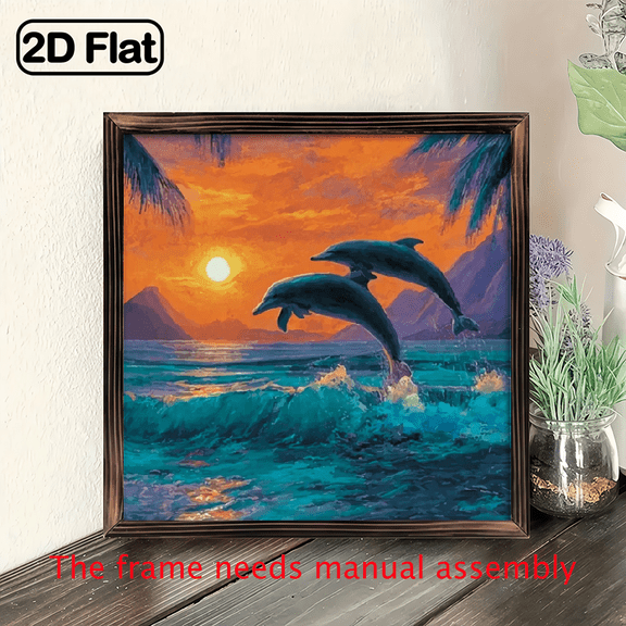 , Wooden Framed Dolphins Leaping Ocean Waves Sunset Wall Art - Vibrant Blue Orange Coastal Beach Painting, Wrap-Around Canvas Frame for Indoor/Outdoor Use.