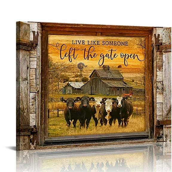 Wooden Framed Farmhouse Cow Canvas Painting Wall Art Decor For Bathroom Bedroom Office Living Room Home Wall Decor Angus Cattle And Barn Country Framed