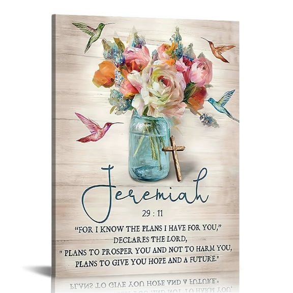 Wooden Framed Farmhouse Scripture Wall Art, Religious Bible Verse Canvas Print, Rustic Floral Flower Design with Hummingbird Artwork, Ideal Home Decor for Church, Dining Room, Living Room, or Country