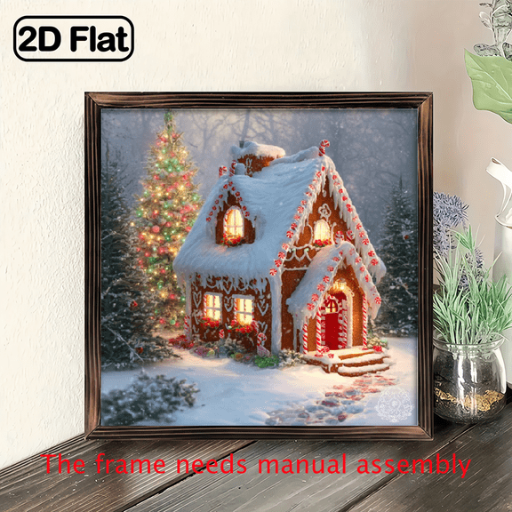 Wooden Framed Gingerbread House Wall Art - 8x8 Snowy Winter Scene, No Electricity Needed, Easy to Hang Indoor Holiday Decor for Living Room, Bedroom, Entryway, Perfect Christmas Gift, Gingerbrea