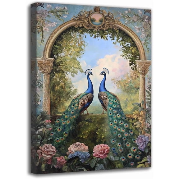 Wooden Framed Wall Art Canvas Print, Peacock Flowers Nature Landscape Painting, Creative Waterproof Canvas Posters, Bedroom Office Living Room Cafe Bar home And Dormitory Wall Decoration (8W" X 12L")