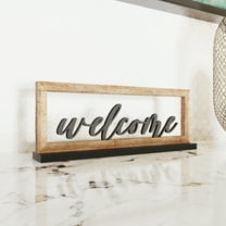 Wooden Framed Welcome Table Sign, 13"x5" Rustic Freestanding Entryway Decor, Floating 3D Cutout Letters, Farmhouse Home Ornament for Shelves, Mantle or Windowsill