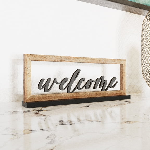 Wooden Framed Welcome Table Sign, 13"x5" Rustic Freestanding Entryway Decor, Floating 3D Cutout Letters, Farmhouse Home Ornament for Shelves, Mantle or Windowsill