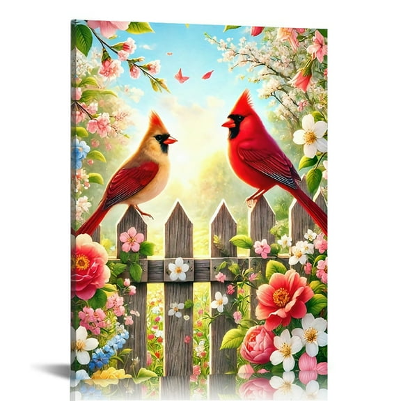 Wooden Framed cardinals Landscape Canvas Wall Art Painting, a pair of beautiful cardinals, modern Spring popular wall hanging, artwork is perfect for office corridor home living room decoration
