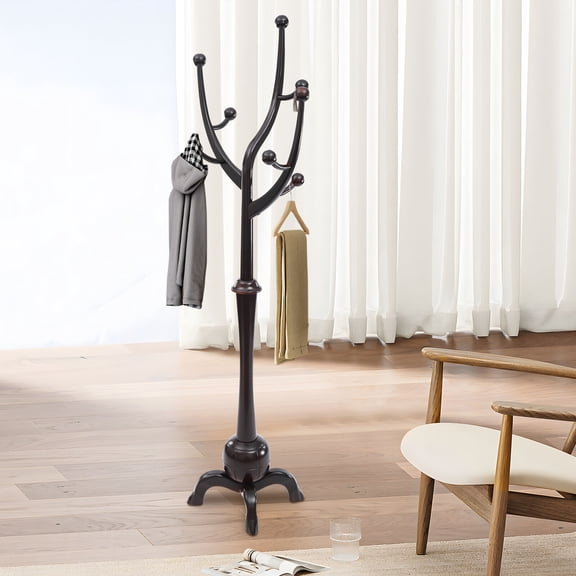 Wooden Freestanding Clothes Rack Bedroom Hat Coat Rack Tree Stand Hanger 8 Hooks