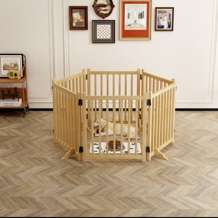 Wooden Freestanding Dog Gates for Stairs, 6 Panel Dog Fences Indoor with Anti-Slip Foot Pad and Support Feet, Puppy Gate for Home, Doorway, Natural